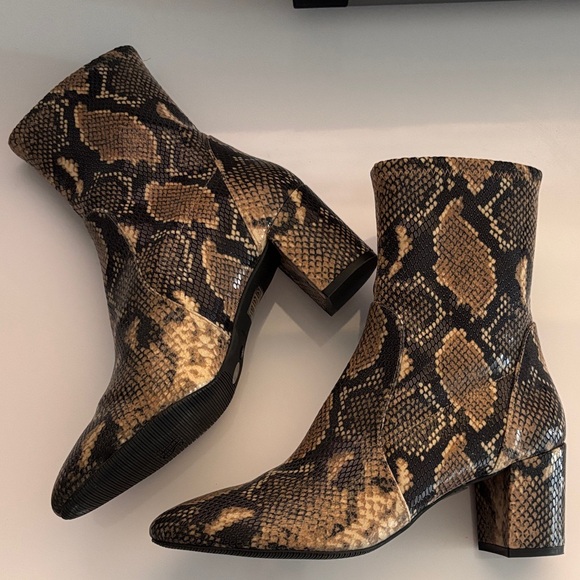Stuart Weitzman Shoes - Stuart Weitzman Tan and Black Snake-Print Block Heel Ankle Boots